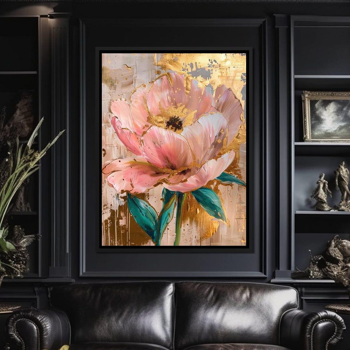 Blush Pink Flower Gold Leaf Abstract Modern Botanical Wall Art Poster - Image 3