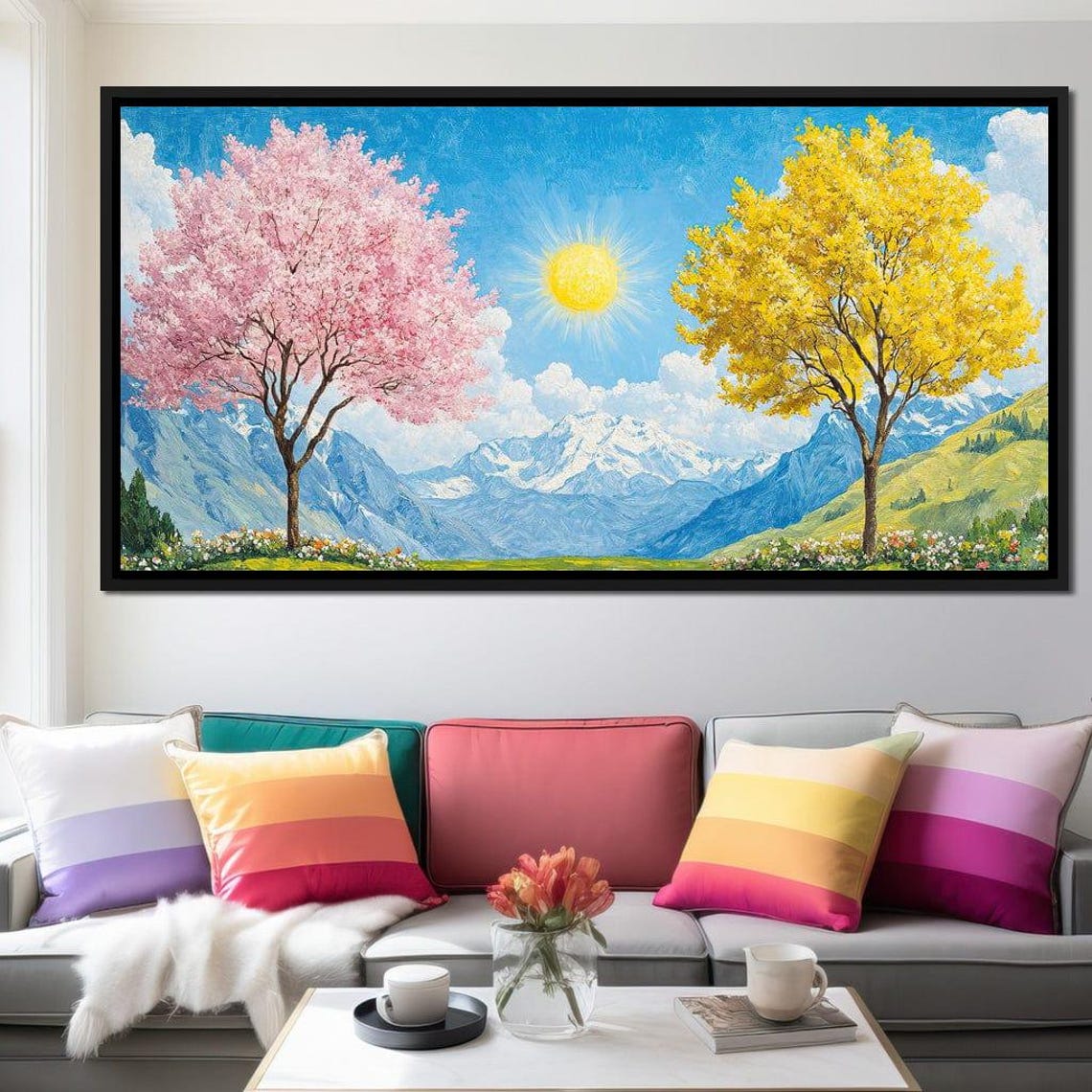 Pink Blossom And Golden Tree In A Sunny Mountain Valley Poster - Image 3