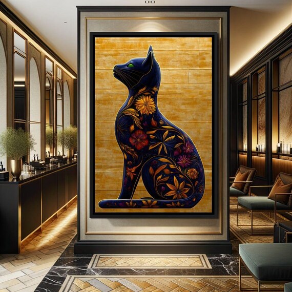 Black Cat Silhouette Floral Pattern Gold Background Decorative Wall Art Poster
