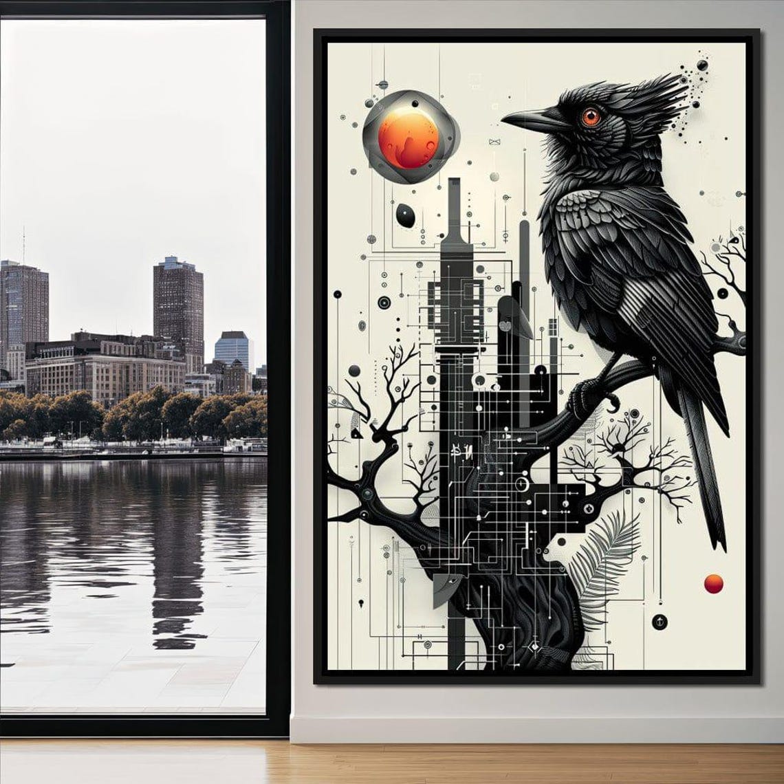 Geometric Black Raven Red Sun Circuit Tree Monochrome Avian Wall Art - Image 4
