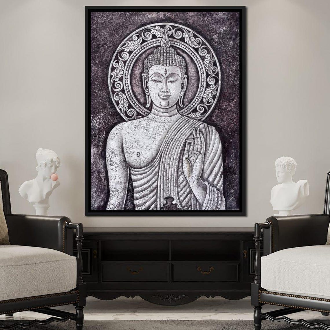 Grey Stone Buddha Monochrome Meditative Zen Spiritual Calm Wall Art