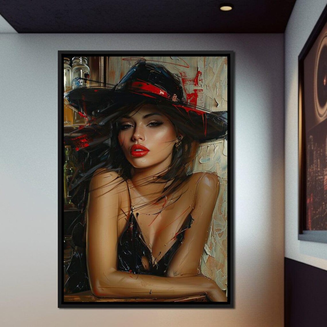 Black Fedora Femme Fatale Red Lips Fashion Portrait Wall Art