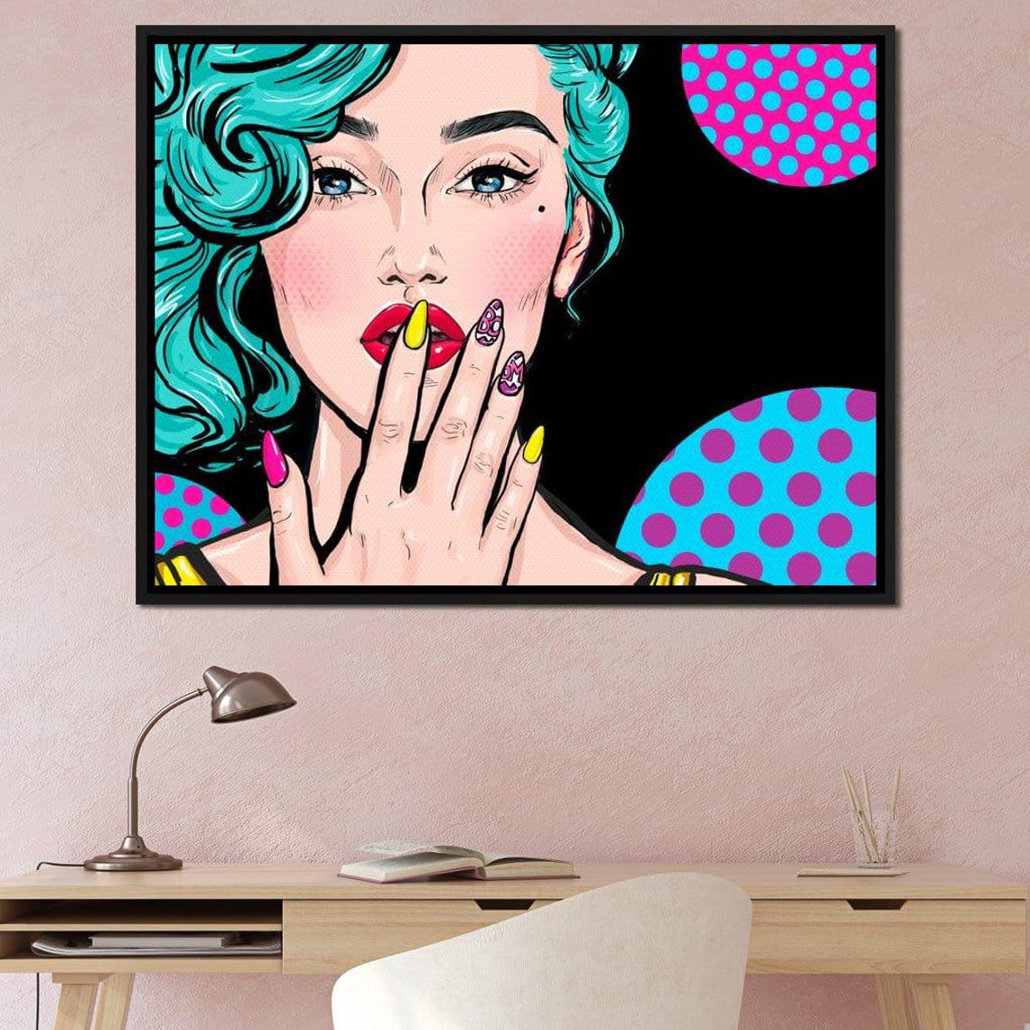Pop Art Teal Hair Woman Comic Dots Bold Nails Retro Wall Art Poster - Image 2