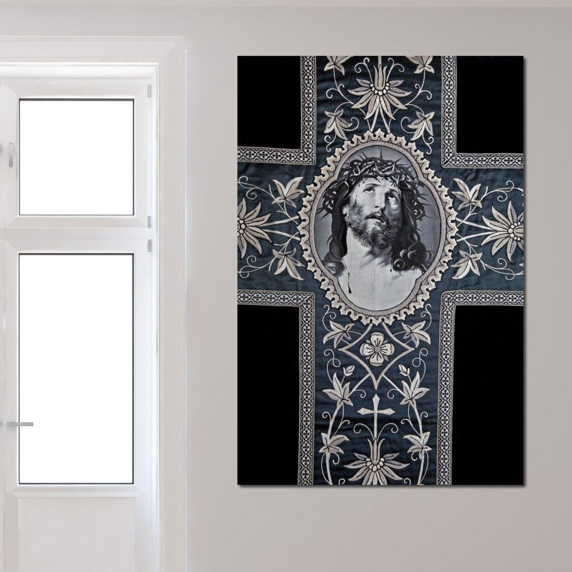Jesus Christ Crown Thorns Ornate Embroidered Cross Sacred Heart Wall Art - Image 4