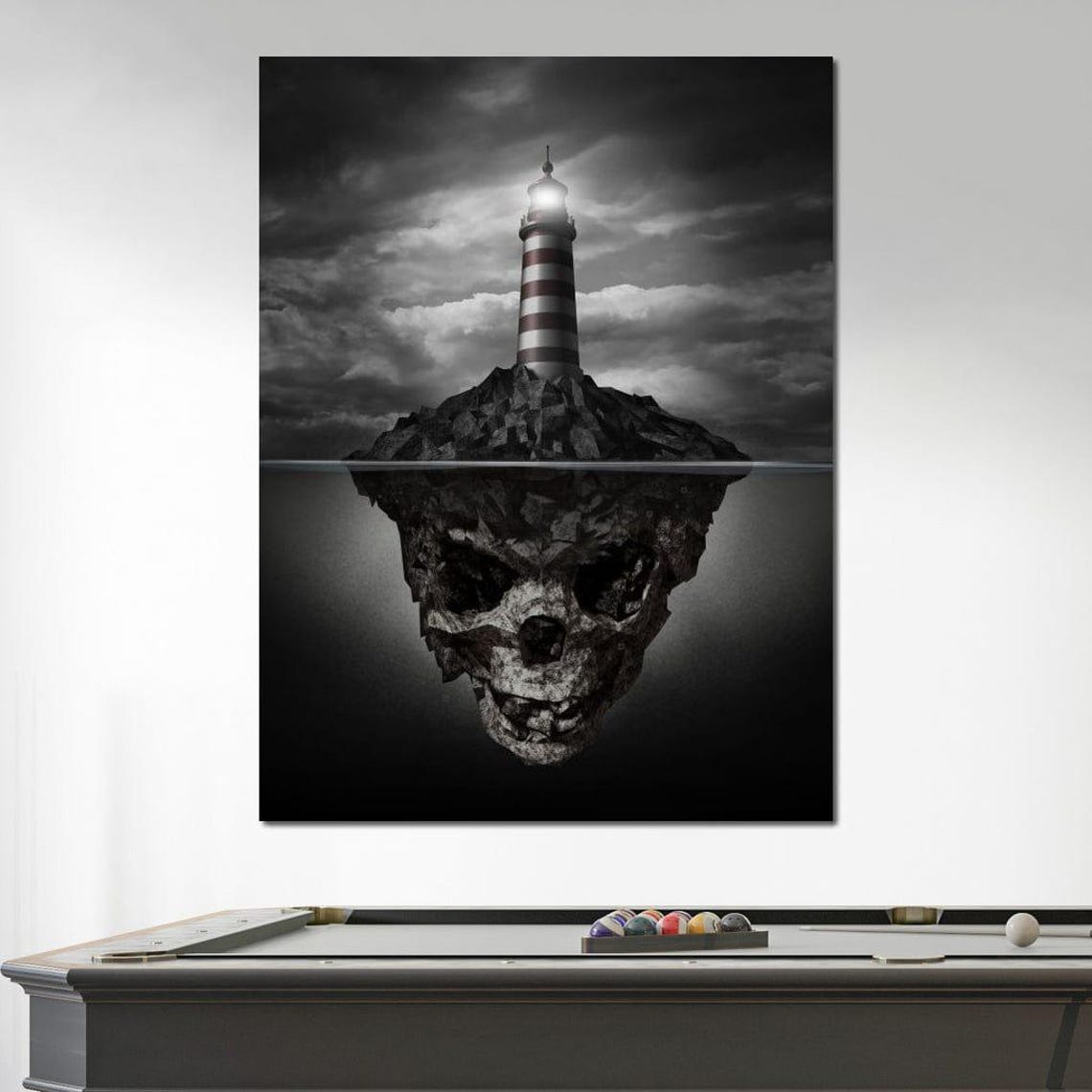 Striped Lighthouse On Skull Shaped Rock Island Surreal Dark Art Poster - Image 3