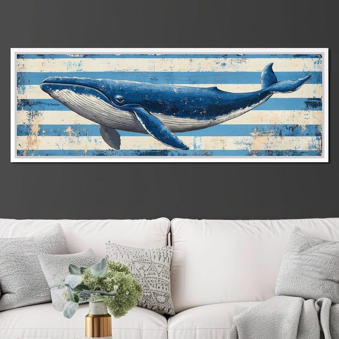 Blue Whale Distressed Striped Coastal Nautical Ocean Decor Poster - Image 2