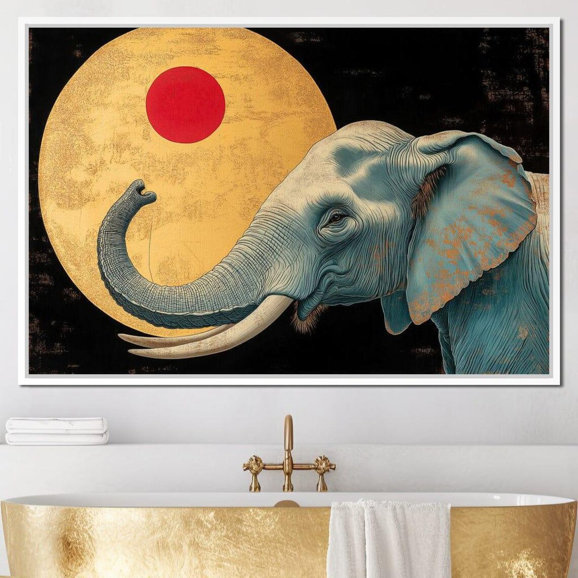 Blue Elephant Gold Moon Red Sun Japanese Style Wildlife Poster - Image 4