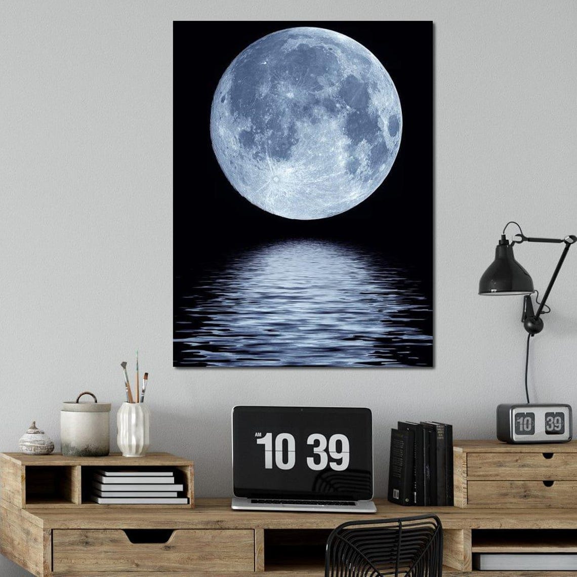 Full Moon Reflection Over Calm Water Night Sky Lunar Serene Art Poster - Image 3