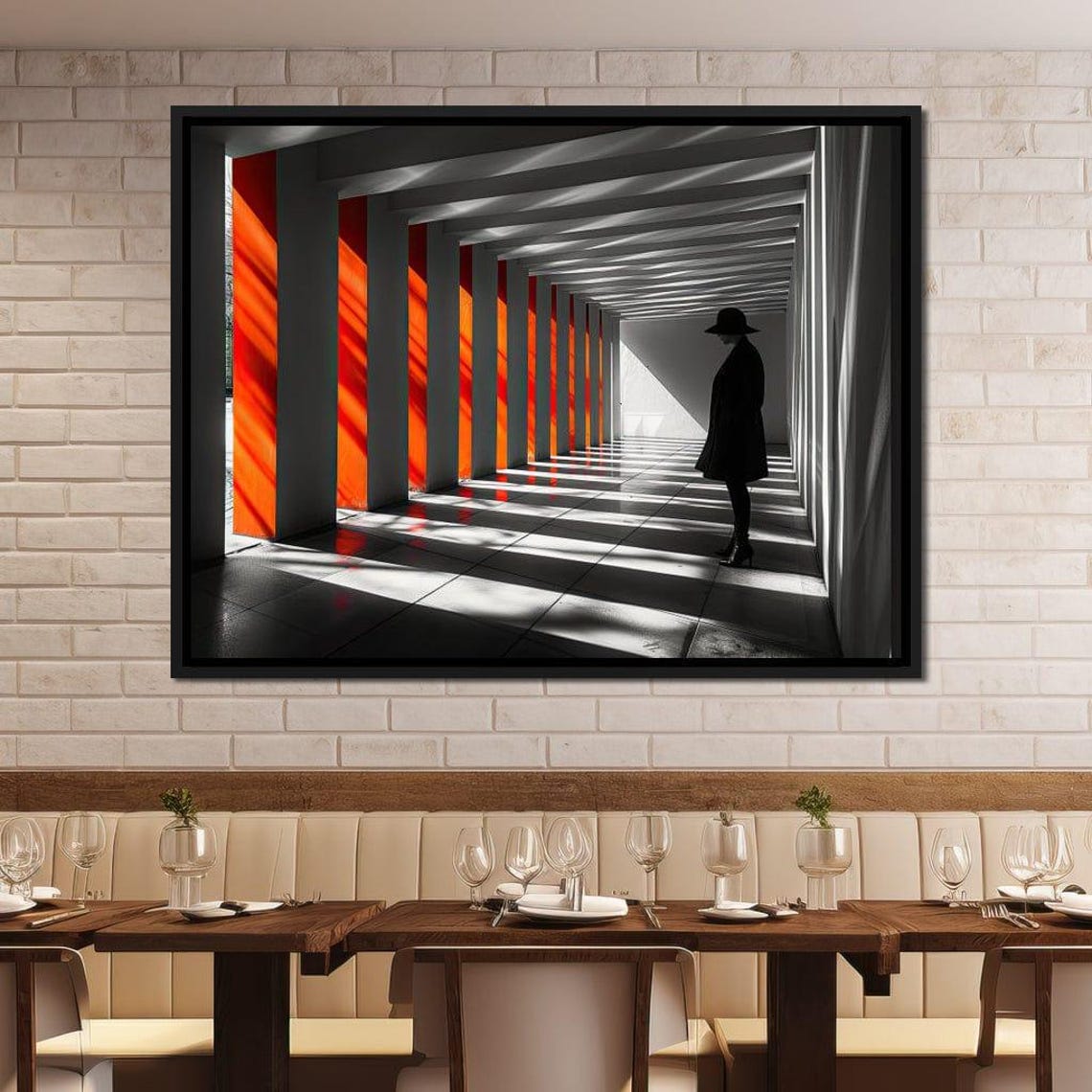 Monochrome Corridor Red Panels Silhouette Figure Modern Art Print - Image 2