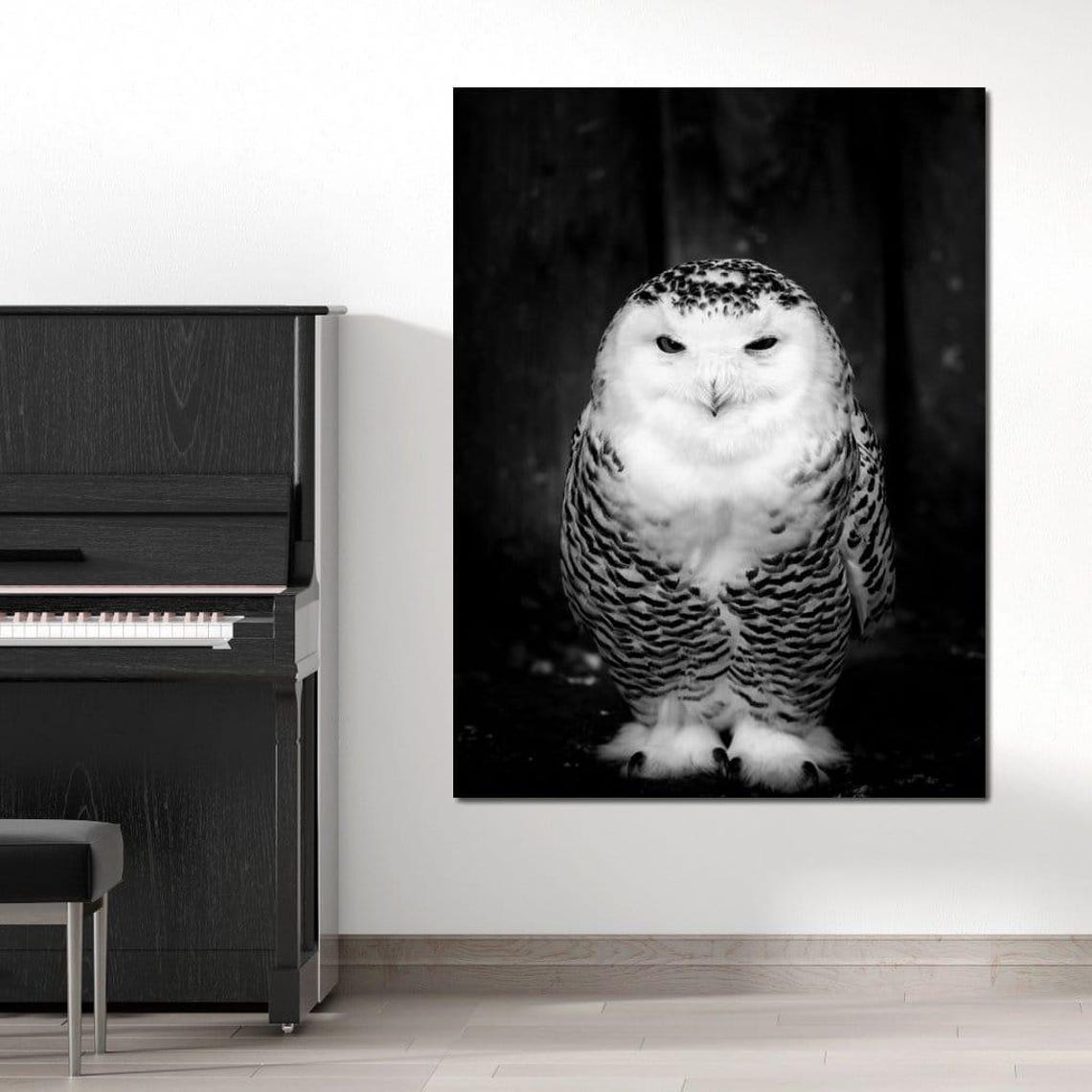 Black And White Snowy Owl Portrait Front View Minimalist Art Poster - Image 3
