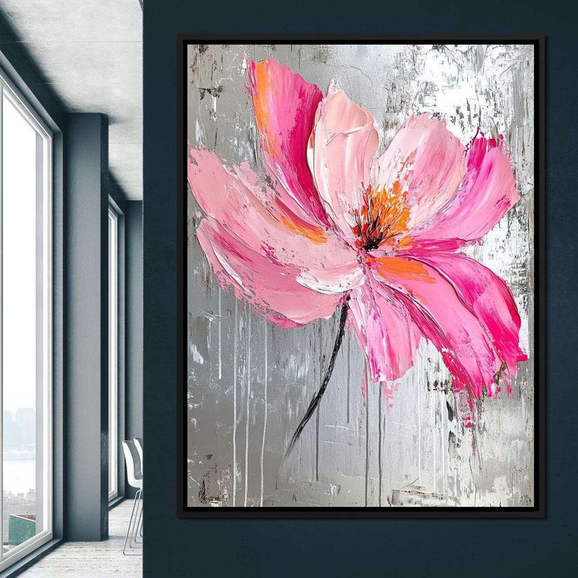 Pink Poppy Flower Gray Textured Modern Botanical Wall Art Poster