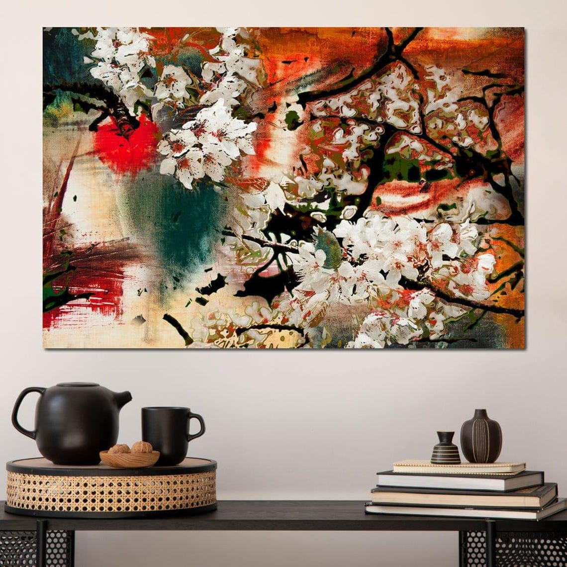 Red Orange Autumn Blossom Multi Panel Abstract Floral Canvas Wall Art - Image 4