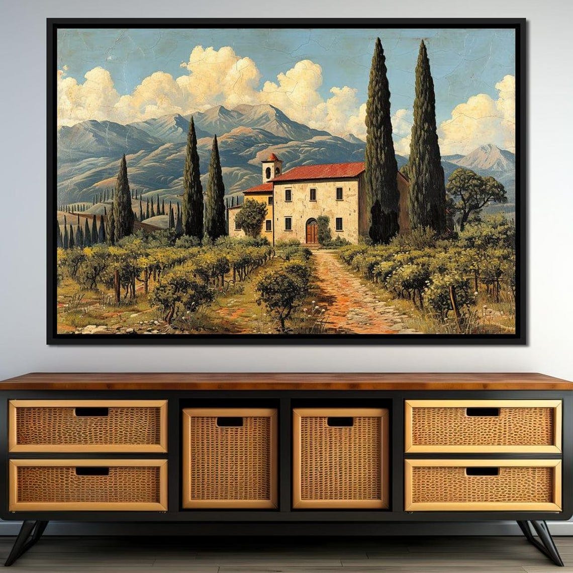 Tuscan Farmhouse Vineyard Cypress Trees Dirt Path Mountain View Poster