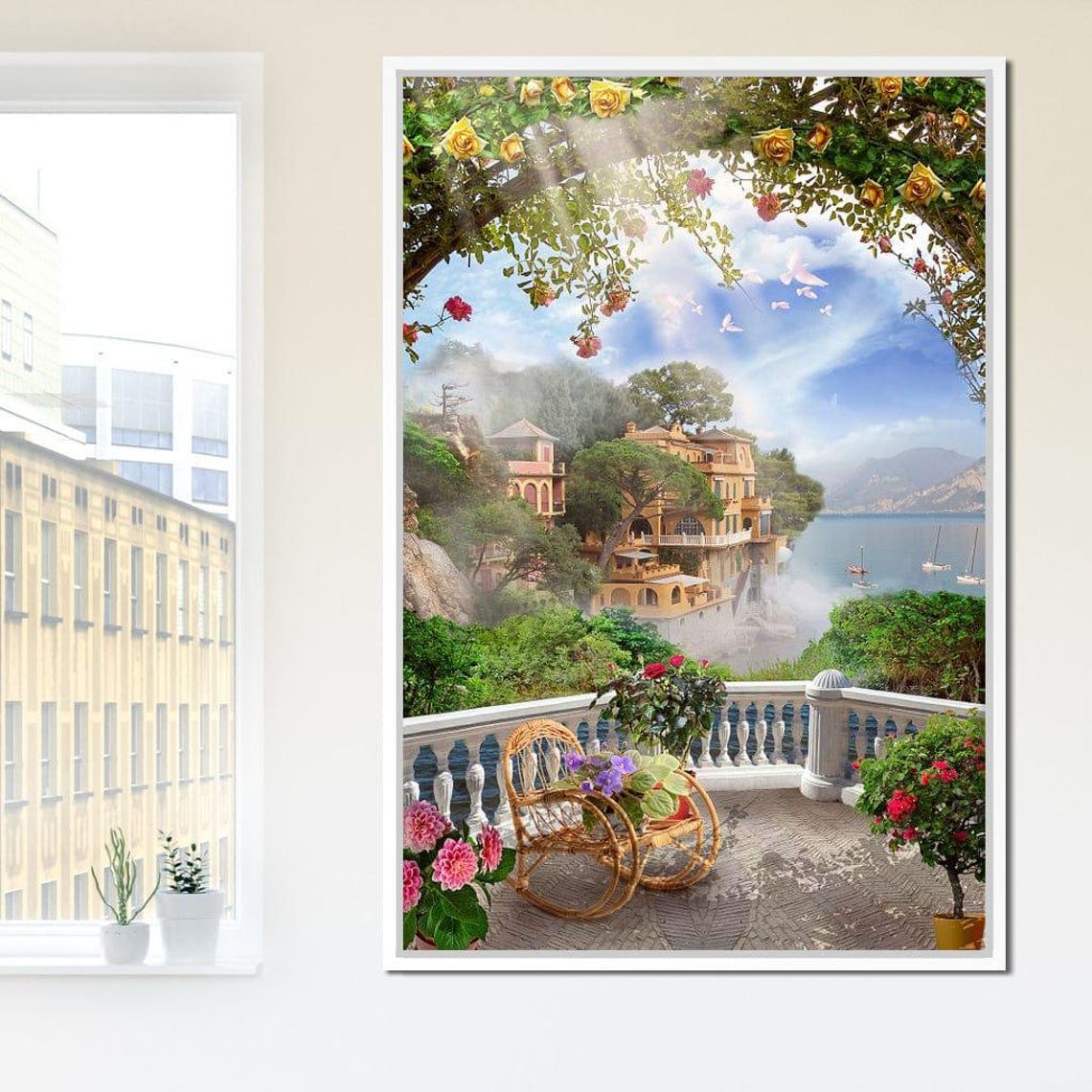 Mediterranean Rose Terrace Overlooking Bay Scenic Travel Poster - Image 3