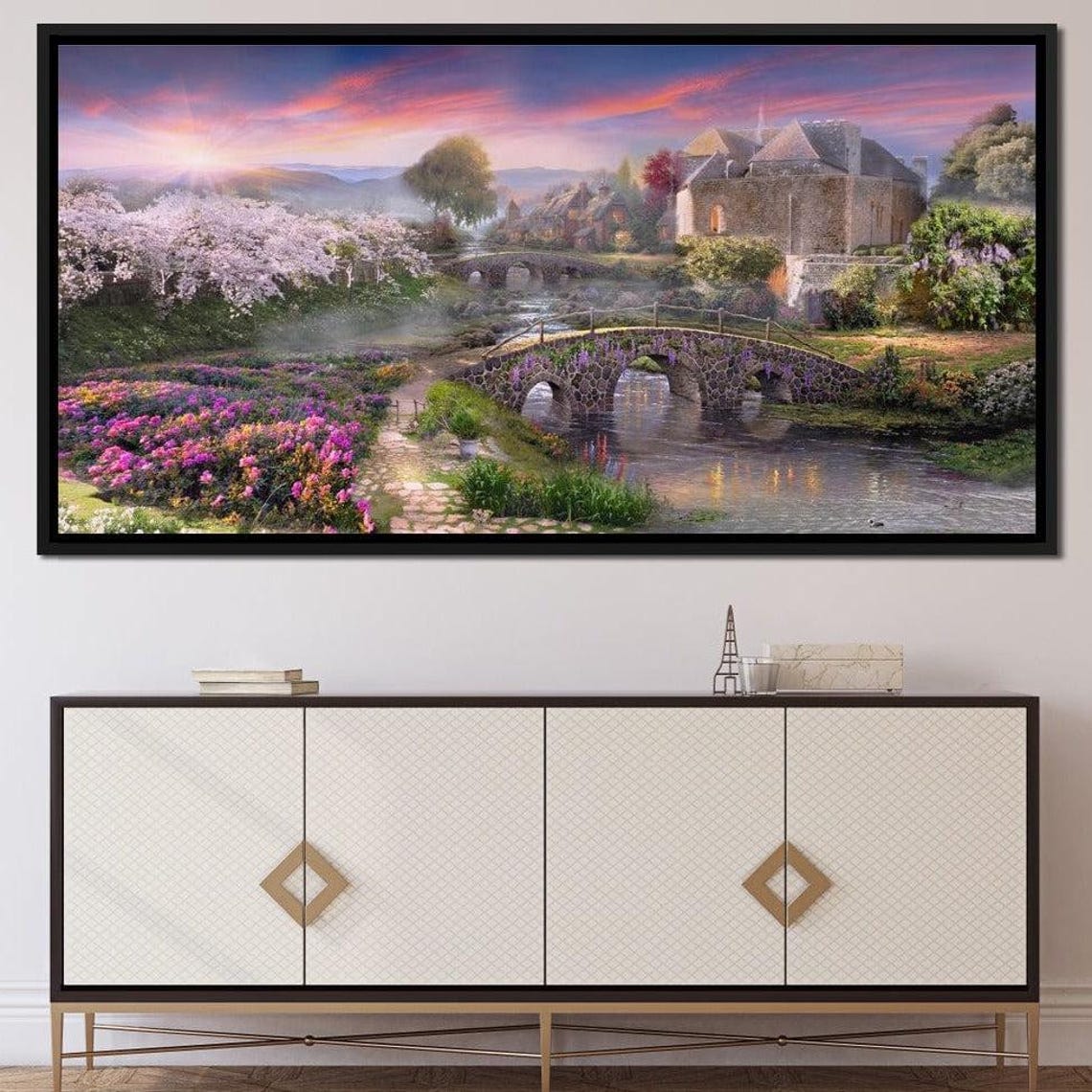 Spring Village Stone Bridge River Blossom Sunset Village Art Poster