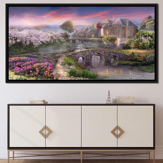 Garden By The Stone Bridge Nature Art Spring Scene Cottage Decor Floral Landscape Peaceful Wall Print By Nichecanvas