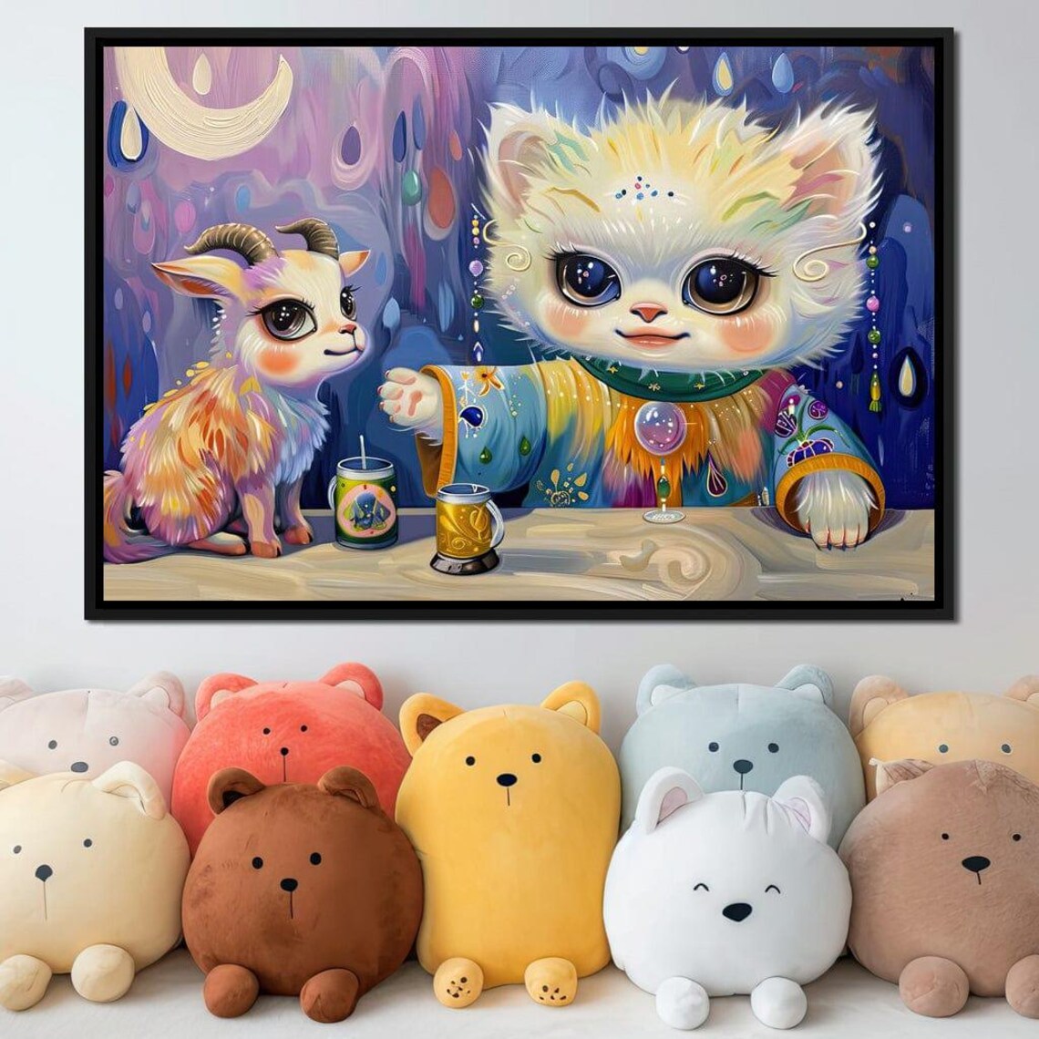 Cute Kitten And Baby Goat Tea Party Starry Night Whimsical Kids Room Wall Poster - Image 2