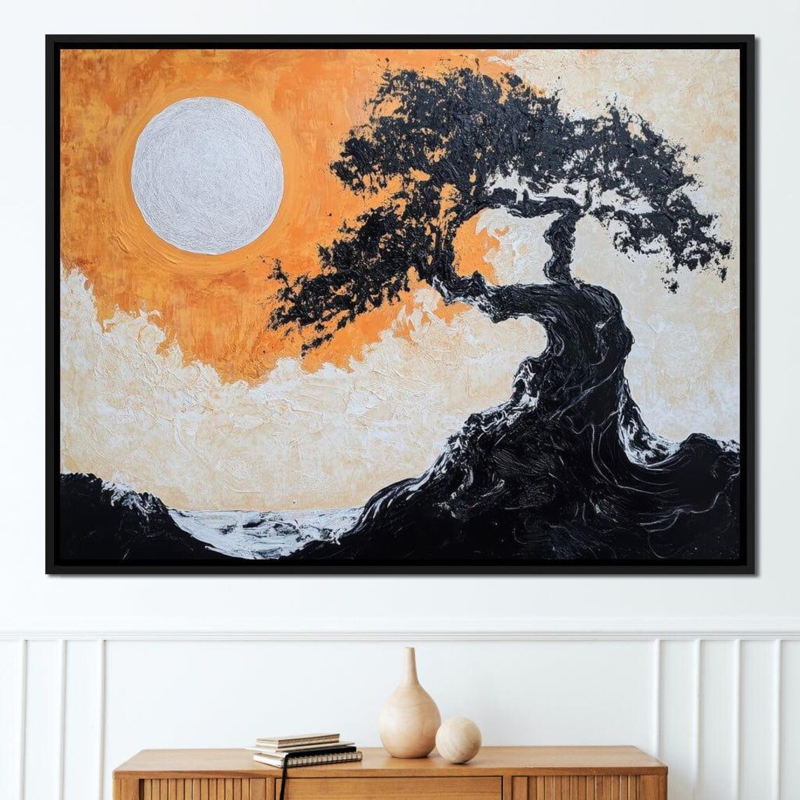 Eternal Sunrise Echo Nature Print Wall Art Minimalist Home Decor Gray Orange Tree Silhouette By Nichecanvas