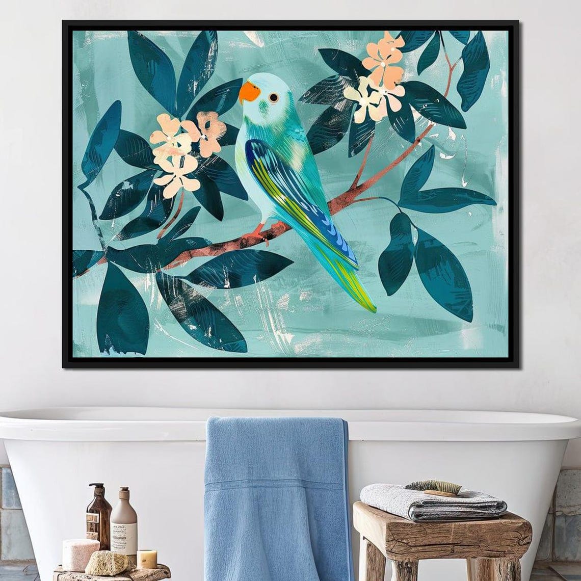 Teal Budgie Parakeet Blossom Branch Botanical Bird Art Poster - Image 3
