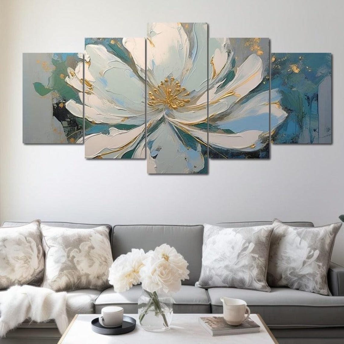 White Flower Gold Center Teal Blue Impasto Floral Wall Art Poster - Image 4