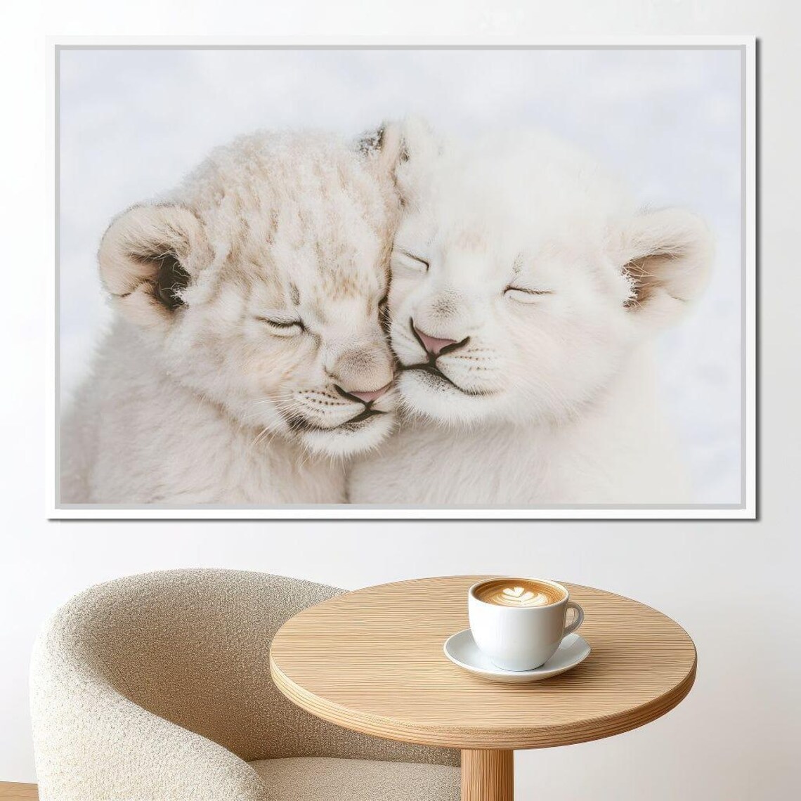 Two White Lion Cubs Cuddling Soft Nursery Wildlife Baby Animals Wall Art Print - Image 2