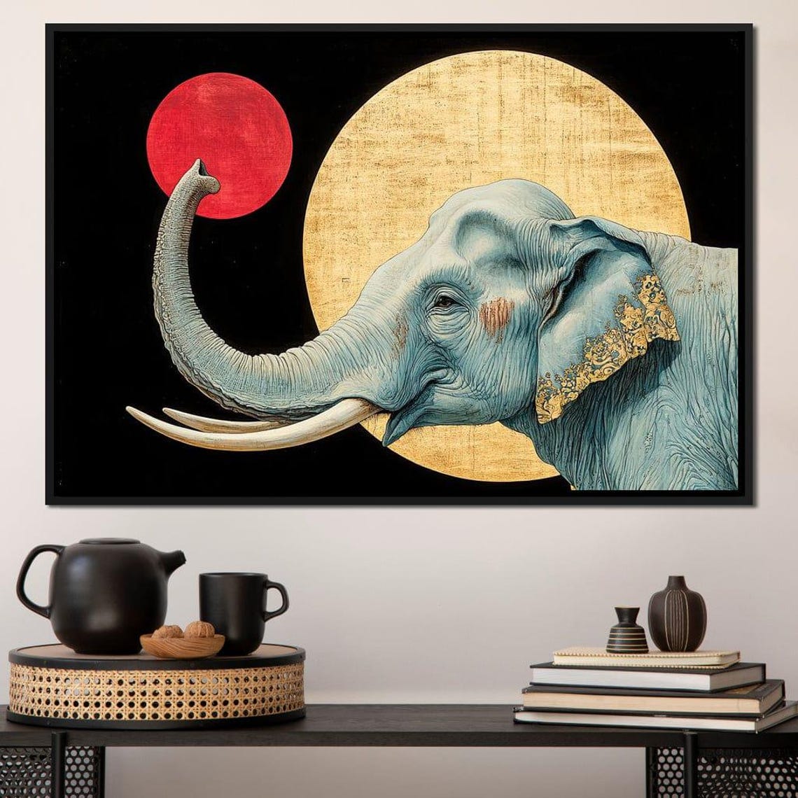 Teal Elephant Raised Trunk Gold Circle Black Modern Wildlife Poster - Image 4