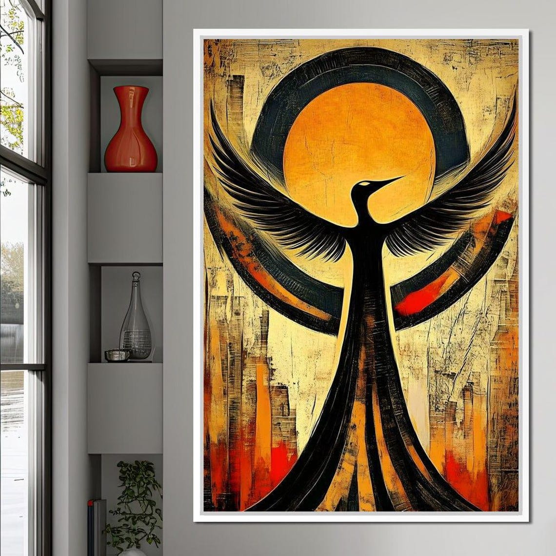 Black Phoenix With Wings Spread Before A Golden Sun Circle Wall Art - Image 2