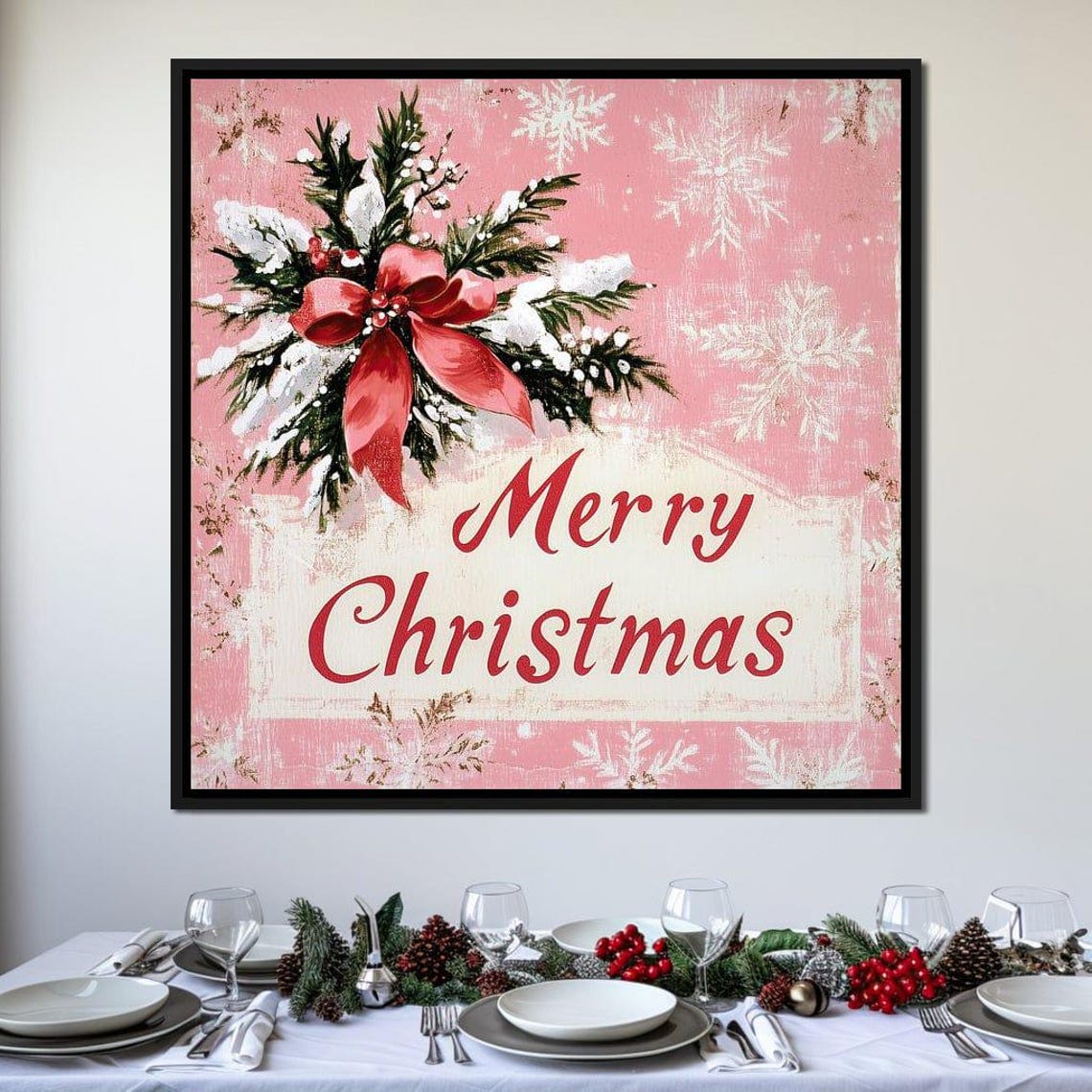 Merry Christmas Pink Retro Sign With Snowy Pine Bouquet Art Poster - Image 4
