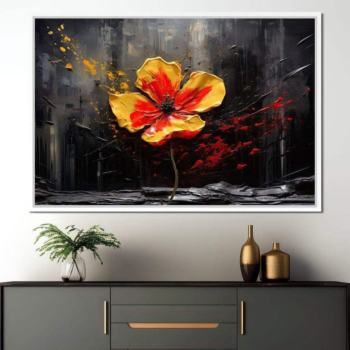 Red Yellow Poppy Abstract Splatter Dark Background Flower Print