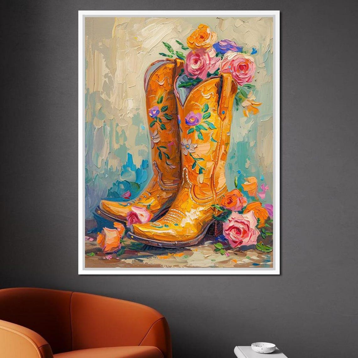 Yellow Embroidered Cowboy Boots Flowers Western Rustic Wall Poster - Image 4