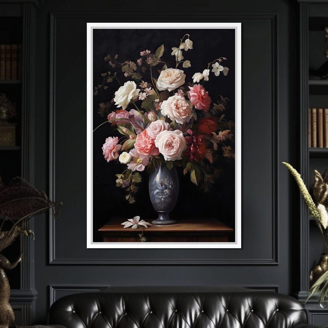 Romantic Rose Peony Bouquet Porcelain Vase Dark Wall Art Poster - Image 4