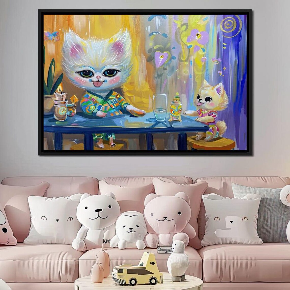 Playful White Kitten Blue Table Party Colorful Kids Room Wall Art Poster - Image 2