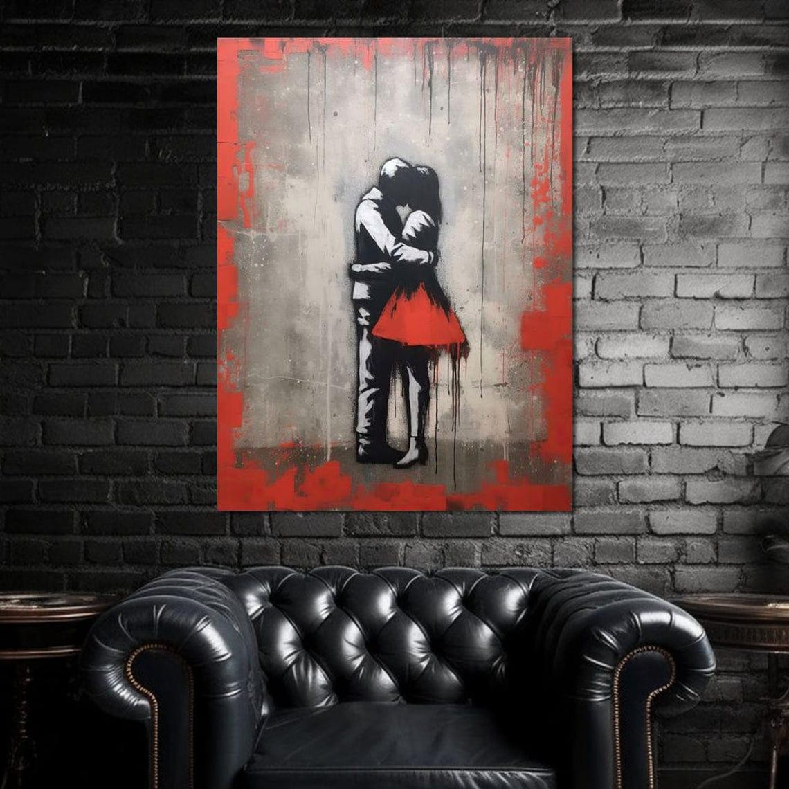 Urban Couple Embrace Stencil Street Art Red Gray Love Wall Poster - Image 3