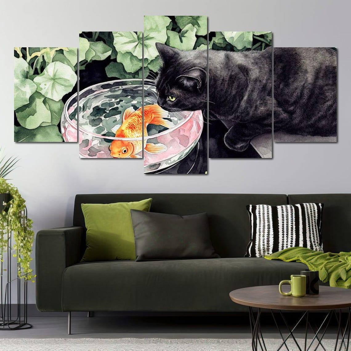 Black Cat Watching Goldfish Bowl Playful Watercolor Animal Art Print - Image 3