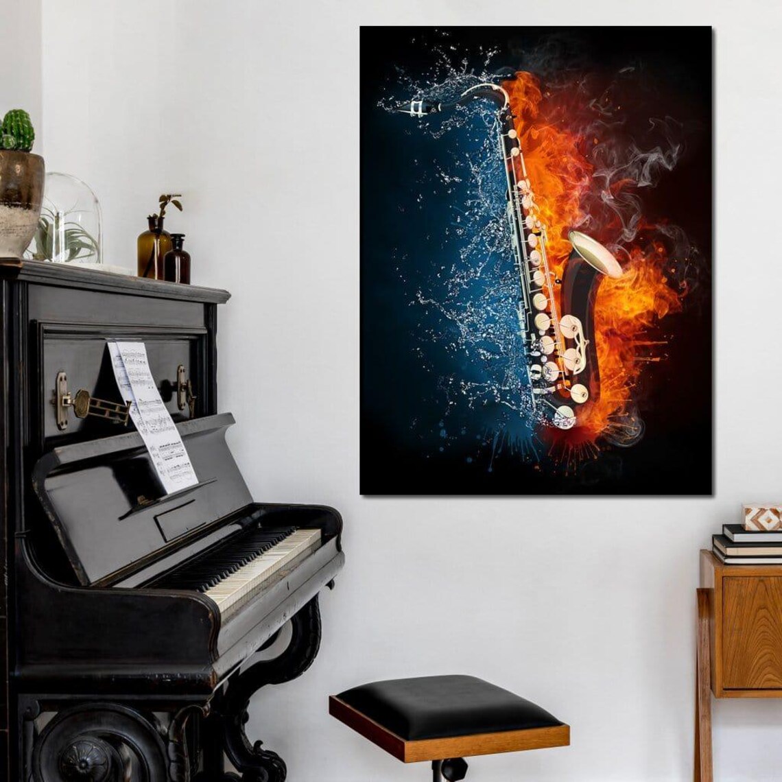 Saxophone Fire Water Jazz Music Abstract Flames Blue Splash Wall Art Poster