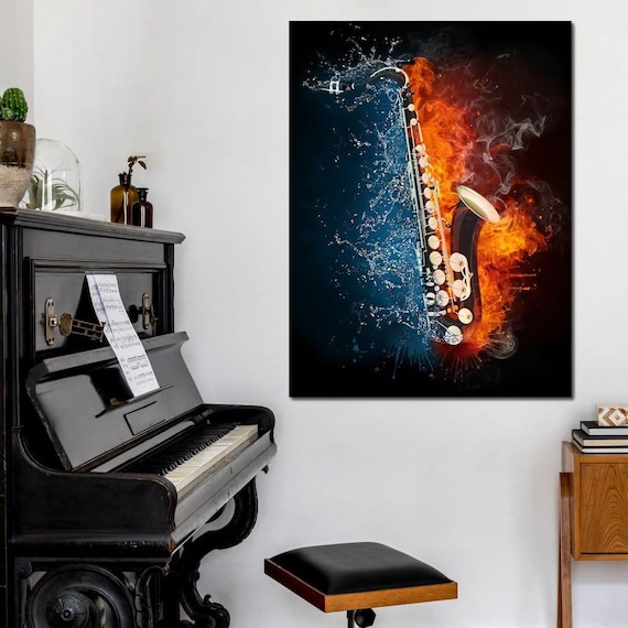 Saxophone Fire Water Jazz Music Abstract Flames Blue Splash Wall Art Poster
