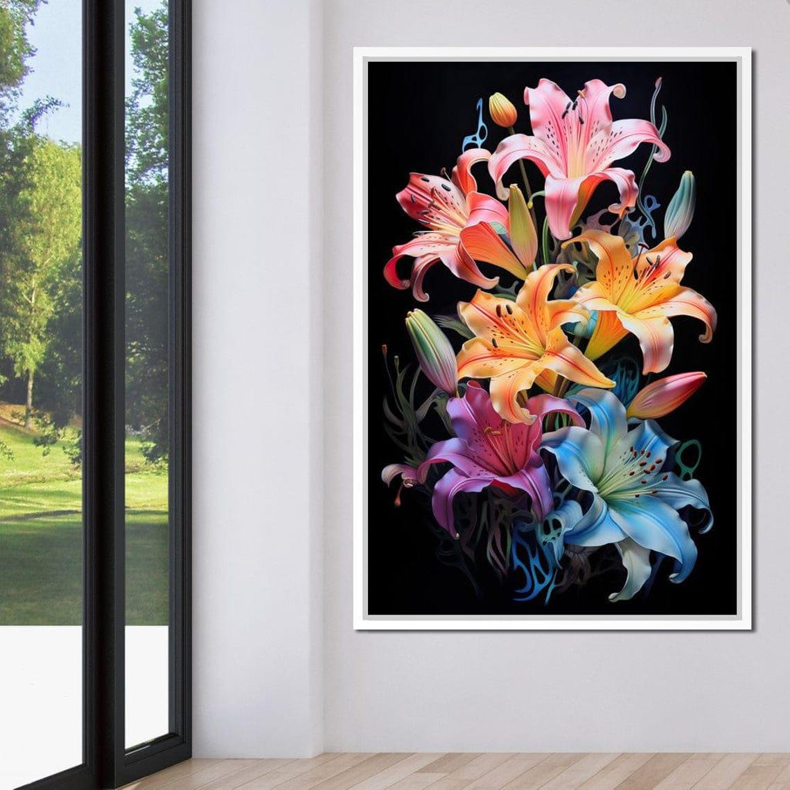 Colorful Rainbow Lilies Bouquet Black Background Vibrant Floral Poster - Image 4