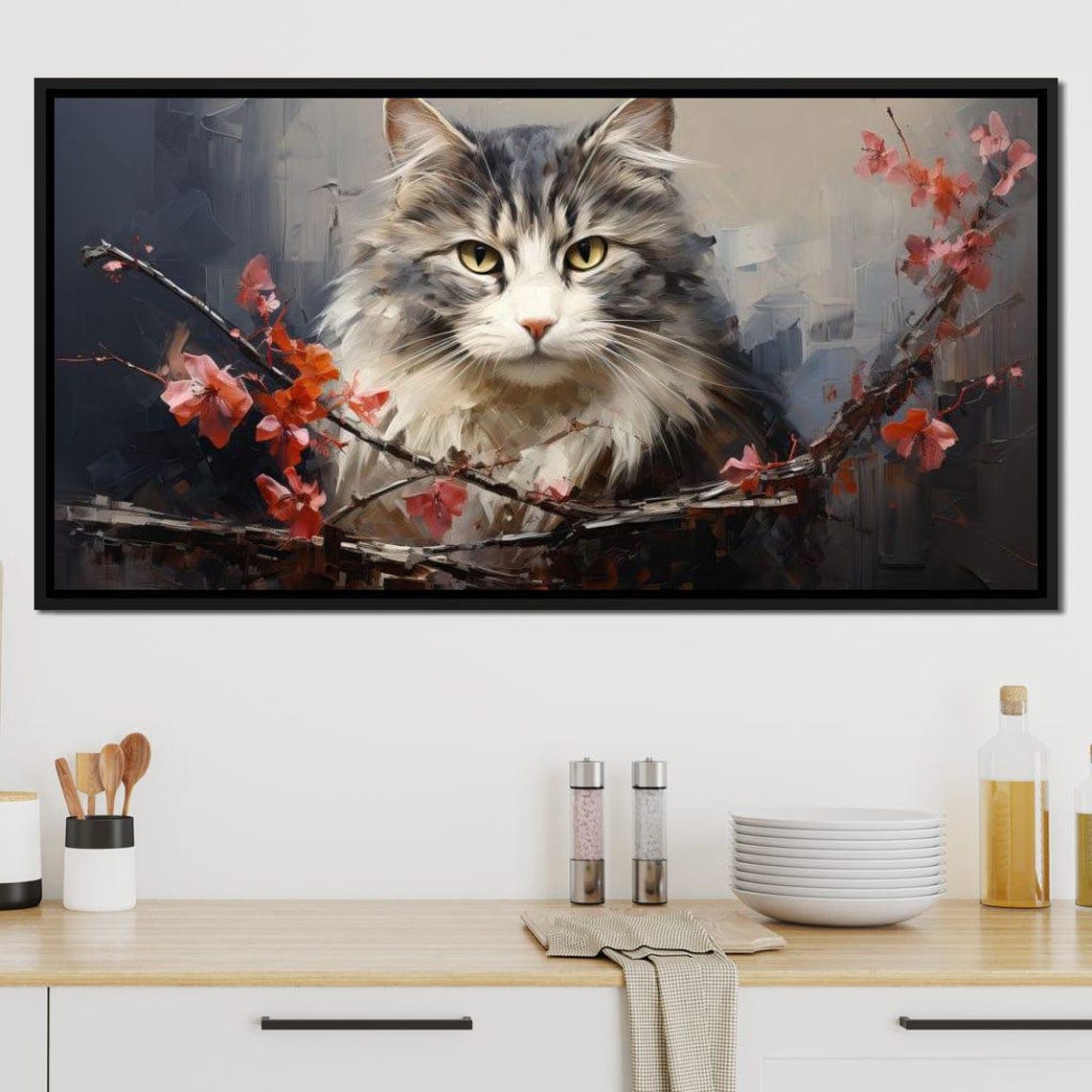 Fluffy Grey Tabby Cat Among Blossom Branches Feline Wall Art Poster - Image 4