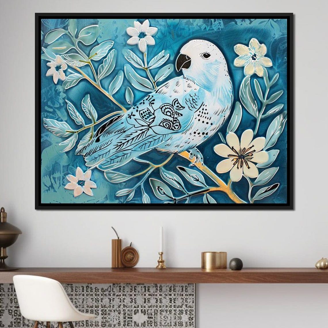 Blue Parrot On Blossom Branch Teal Botanical Bird Wall Art Print