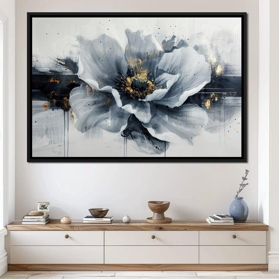 Monochrome Gray Flower Gold Center Abstract Modern Floral Wall Art - Image 3