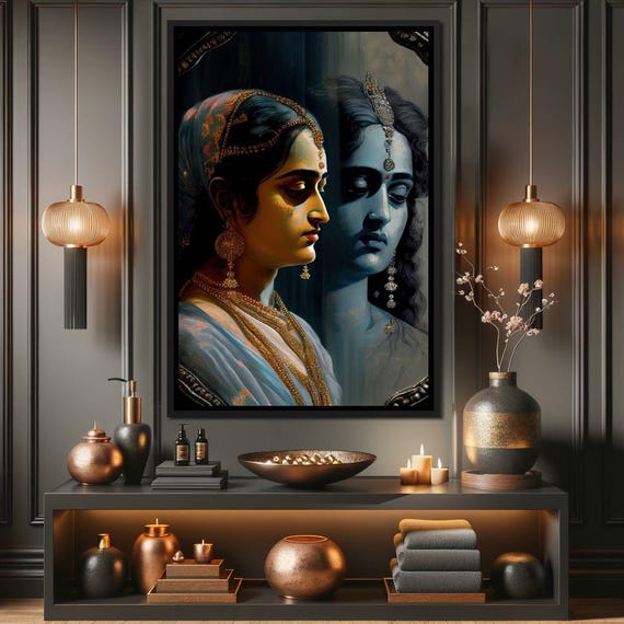 Krishna Radha Reflection Spiritual Home Decor Divine Couple Art Hindu Devotion Ethereal Wall Art Meditative Vibe By Nichecanvas
