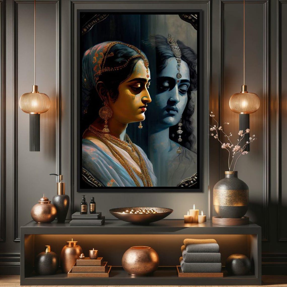 Radha Krishna Reflection Dual Portrait Blue Spiritual Art Poster