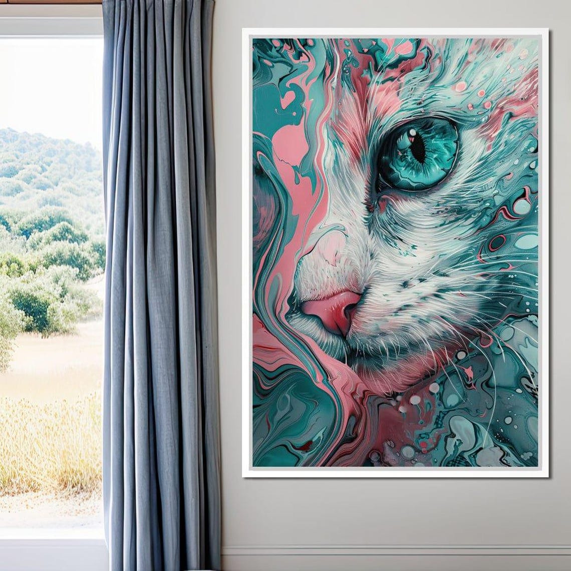 Abstract Cat Face Pink Teal Fluid Art Modern Feline Portrait Wall Art - Image 2