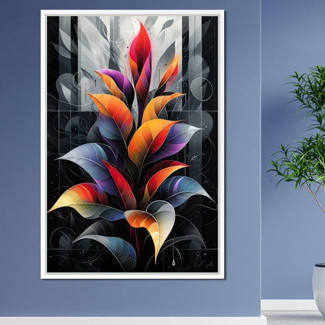 Rainbow Autumn Leaves Bouquet Black Background Botanical Wall Art