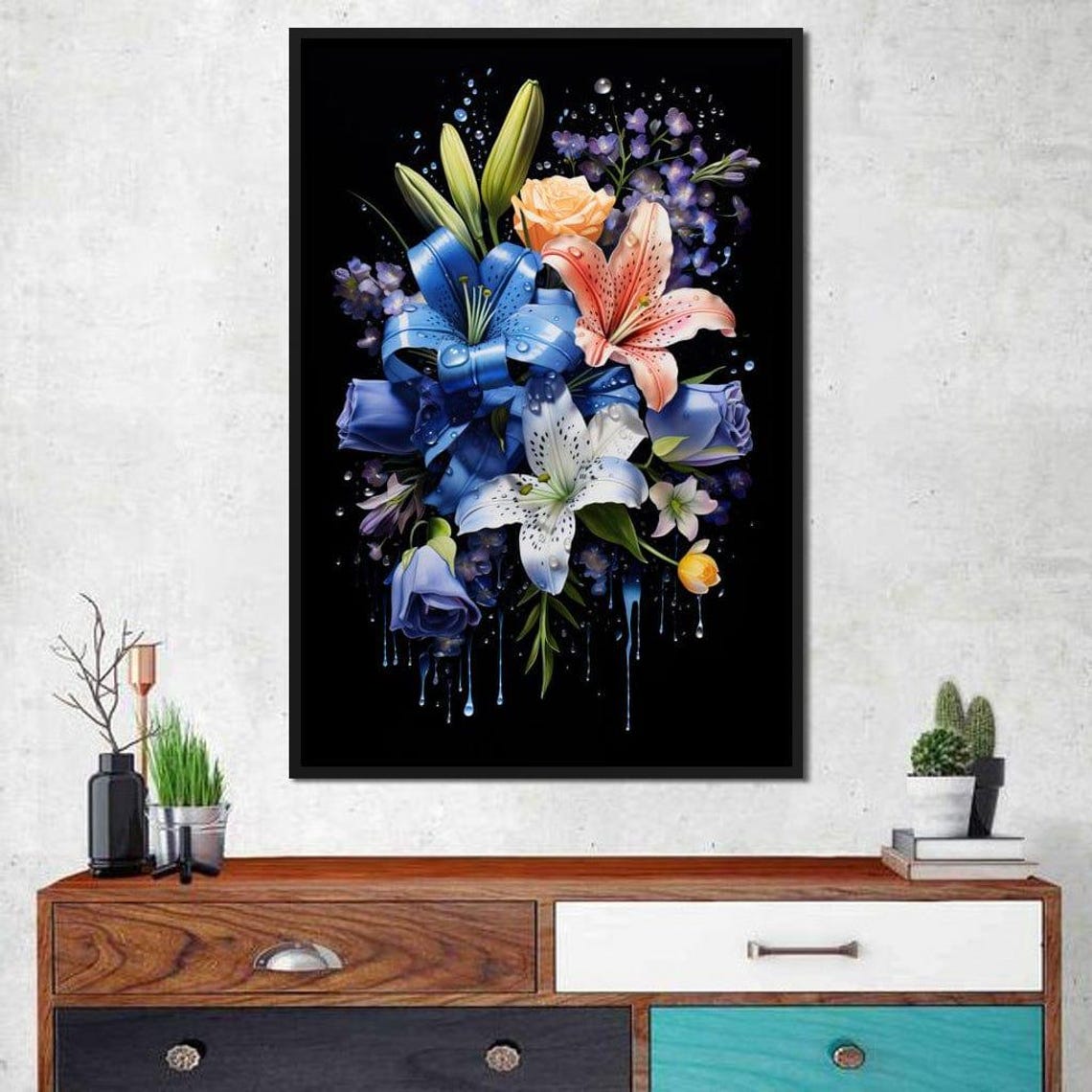 Blue and Orange Lily Bouquet with Water Drops on Black Floral Poster