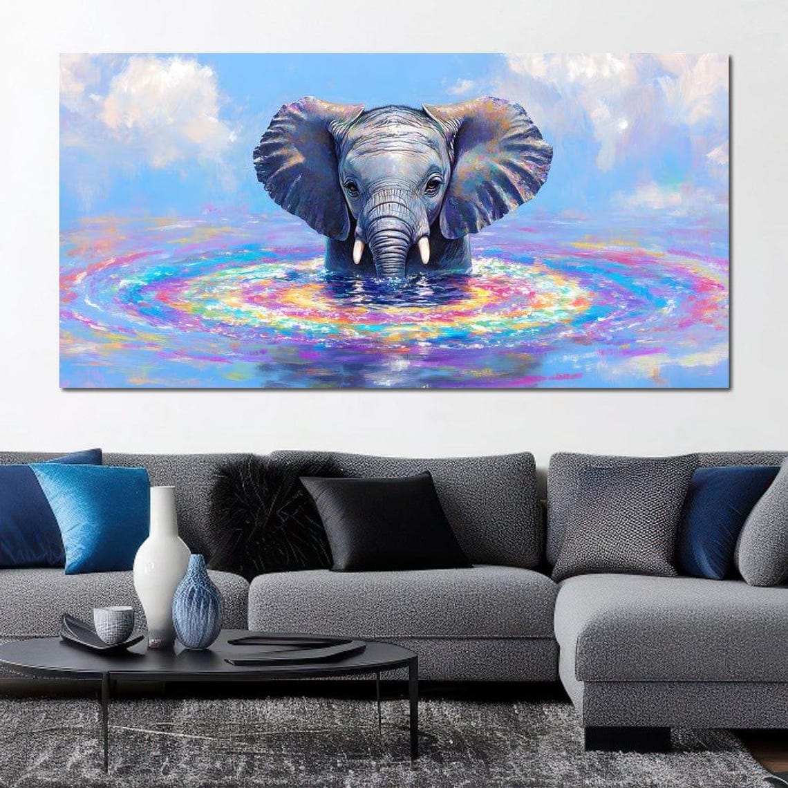 Baby Elephant Rising from Rainbow Water Five Panel Canvas Poster - Image 3