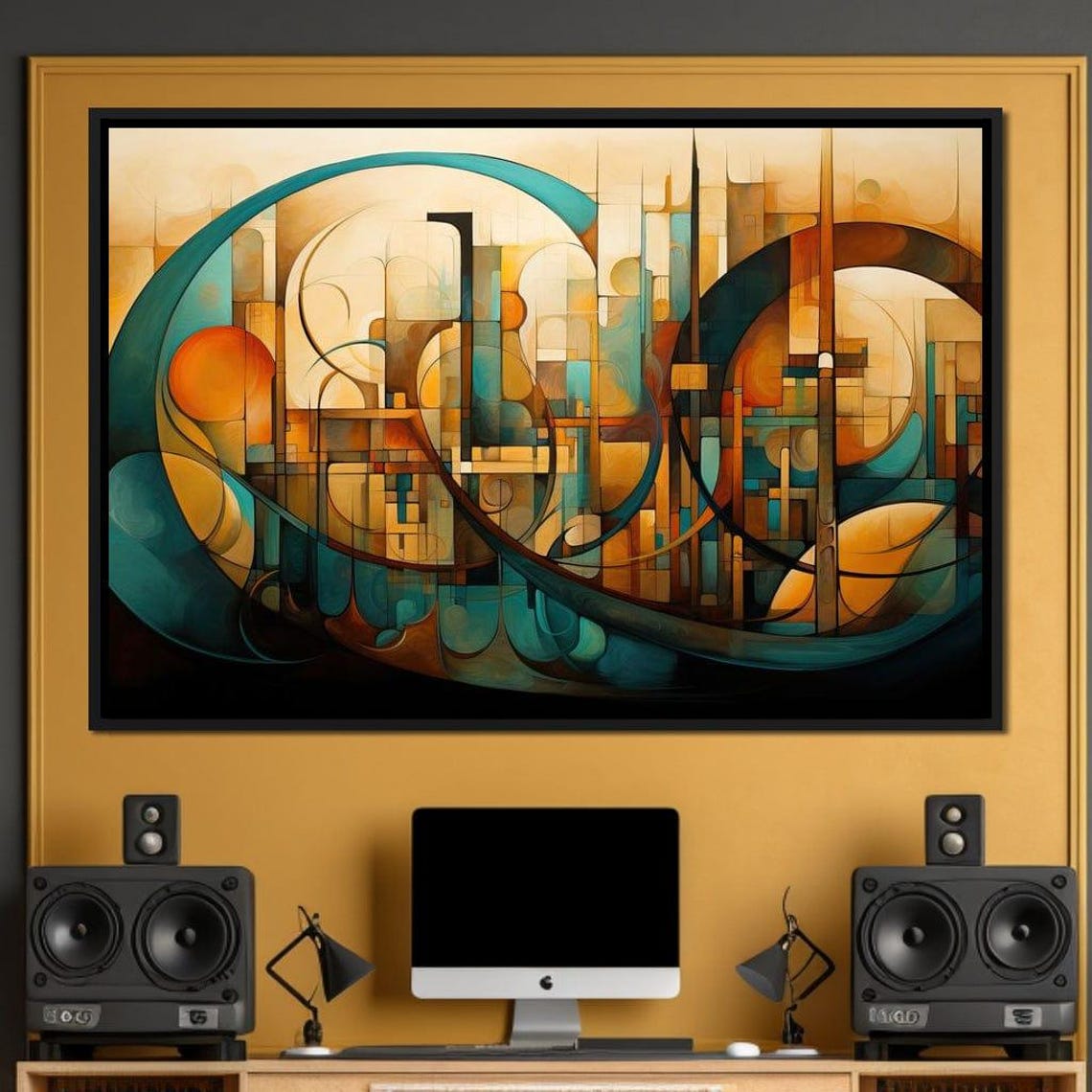 Orange Teal Geometric Arcs Five Panel Modern Abstract Wall Art Poster - Image 4