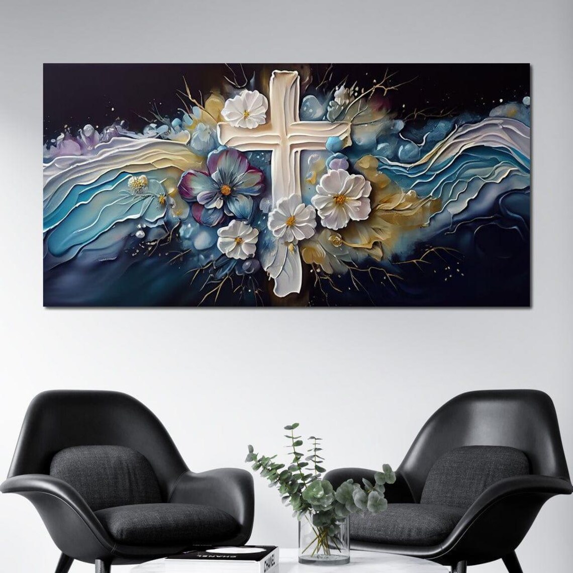 White Floral Cross On Midnight Blue Abstract Christian Faith Poster - Image 2
