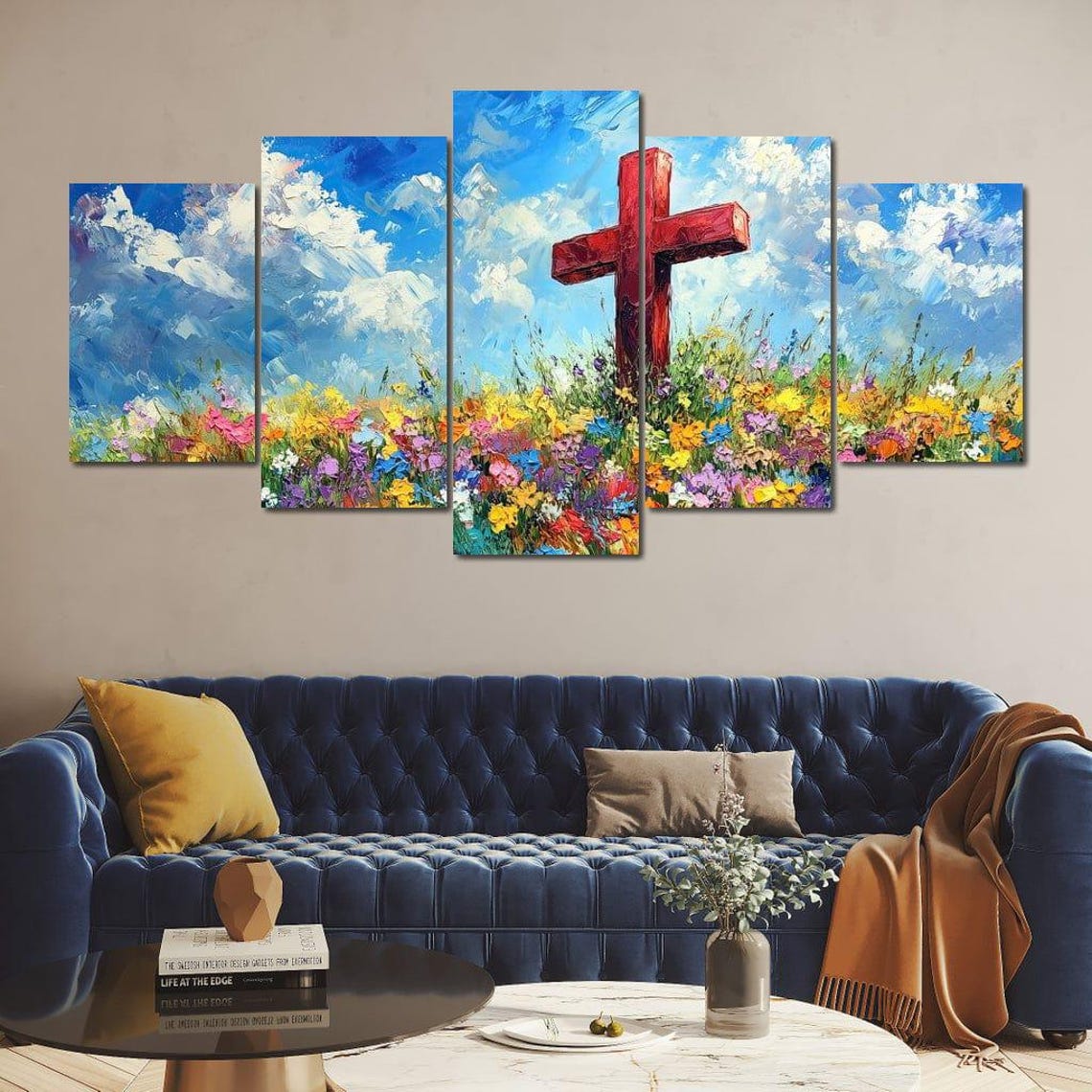 Red Cross Wildflower Meadow Blue Sky Christian Inspirational Poster - Image 4