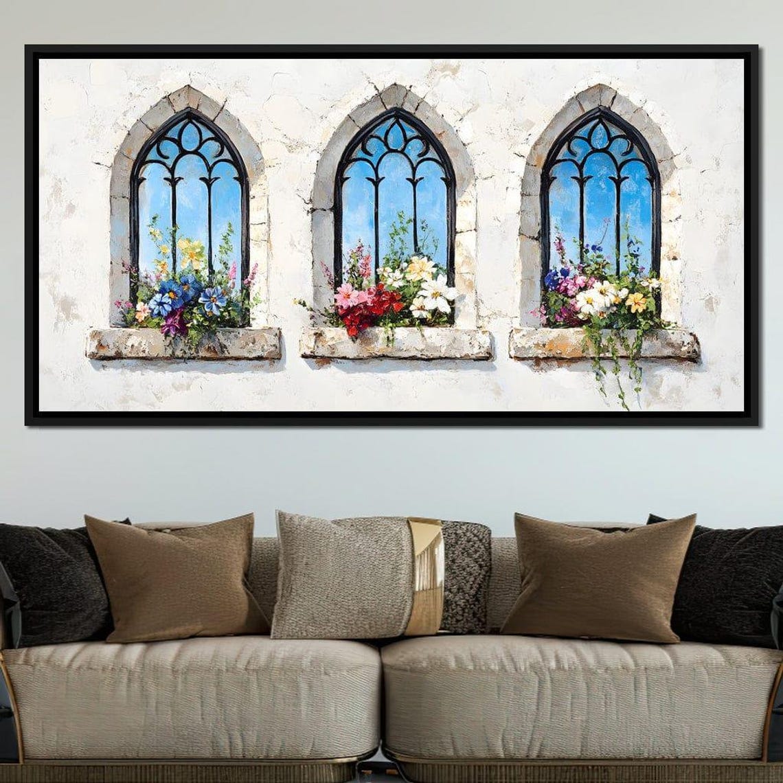 Three Gothic Arched Windows with Colorful Flower Boxes Poster - Image 4
